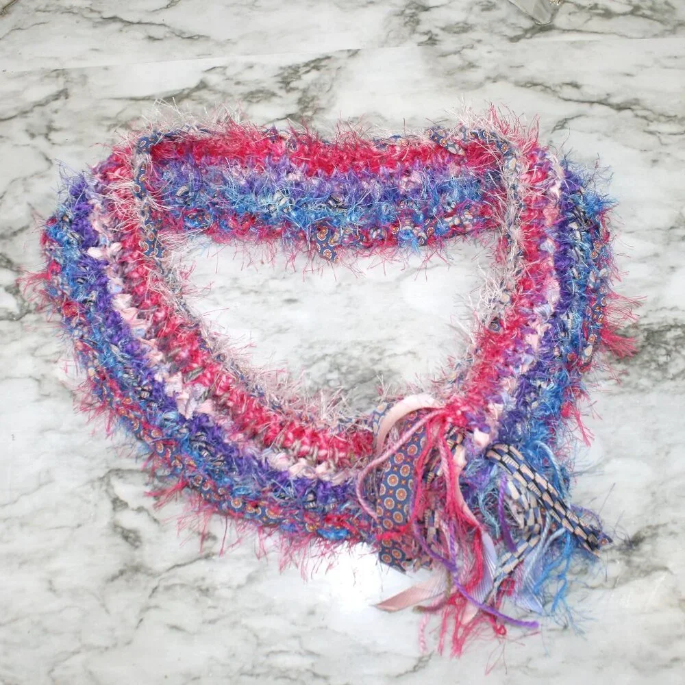 HAND CRAFTED Scarf Upcycled Crochet Infinity Oversized Fuzzy Necktie Pink Stripe
